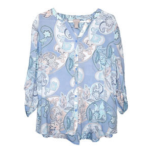 Chicos Top Womens Large 2 Blue Paisley Tunic Button Down Roll Tab Sleeve